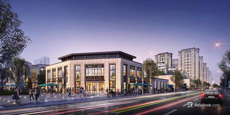 Modern Commercial Street With Stylish Storefronts Pedestrians And Evening Traffic Lights 3d model 