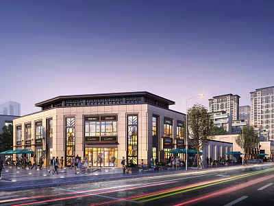 Modern Commercial Street With Stylish Storefronts Pedestrians And Evening Traffic Lights 3d model