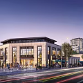 Modern Commercial Street With Stylish Storefronts Pedestrians And Evening Traffic Lights