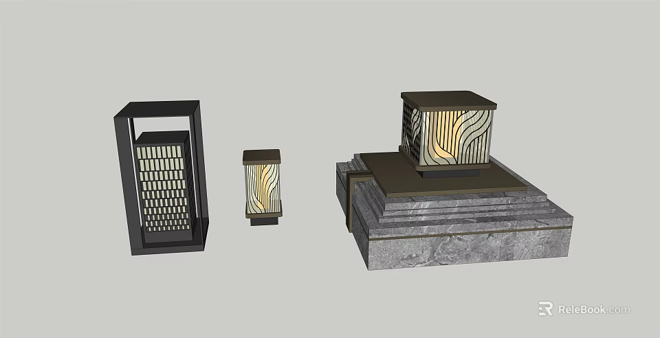 Outdoor Lights With Three Different Designs Grid Patterns Striped Shades And Pedestal Base 3d model