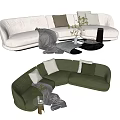 Light and Dark Green Curved Sectional Sofa with Decorative Pillows Throw Blanket and Side Tables