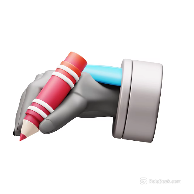 Smart Machine Gray Hand Holding Red Pencil With White Stripes And Silver Blue Arm 3d model 