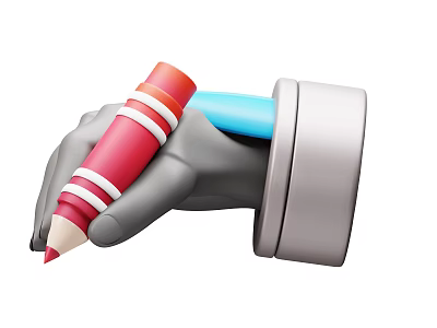 Smart Machine Gray Hand Holding Red Pencil With White Stripes And Silver Blue Arm 3d model