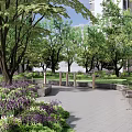 Serene Residential Landscape with Trees Lawn Pathway Flower Beds and Multi story Building