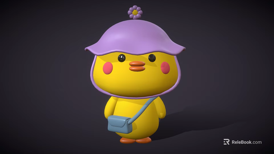 Cute Yellow Chicken Doll With Purple Hat Flower Pink Cheeks Blue Bag And Orange Feet 3d model 