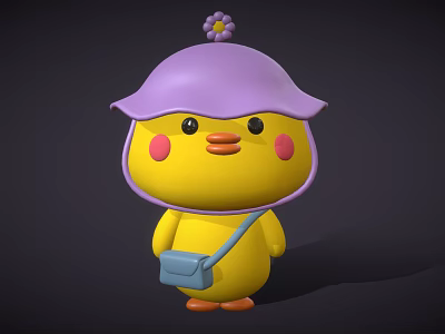 Cute Yellow Chicken Doll With Purple Hat Flower Pink Cheeks Blue Bag And Orange Feet 3d model