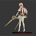 Game Movie Character Pink Long Hair White Brown Dress Golden Staffs Standing On Brown Base