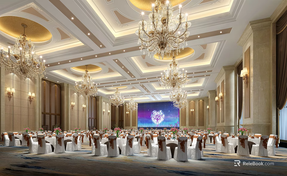 Elegant Banquet Hall Interior With Luxurious Chandeliers White Tables And Large Screen 3d model 