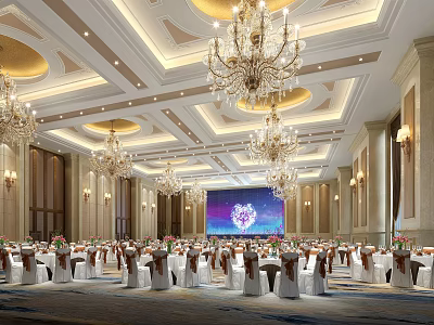 Elegant Banquet Hall Interior With Luxurious Chandeliers White Tables And Large Screen 3d model