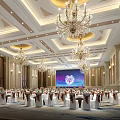Elegant Banquet Hall Interior With Luxurious Chandeliers White Tables And Large Screen
