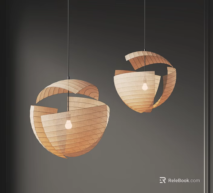 Two Wooden Layered Spherical Pendant Lights With Warm Glow In Dark Interior 3d model 