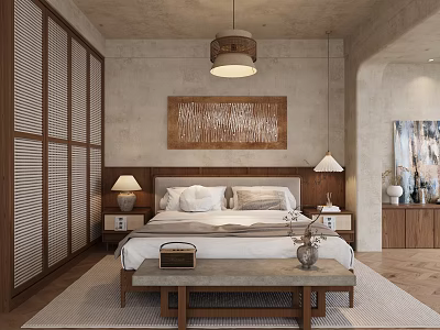 Modern Bedroom Interior With Wooden Closet Decorative Painting Pendant Light And Bedside Lamps 3d model