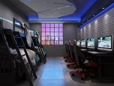Modern Hotel Room With Bunk Beds Computers Blue Lighting And City View 3d model