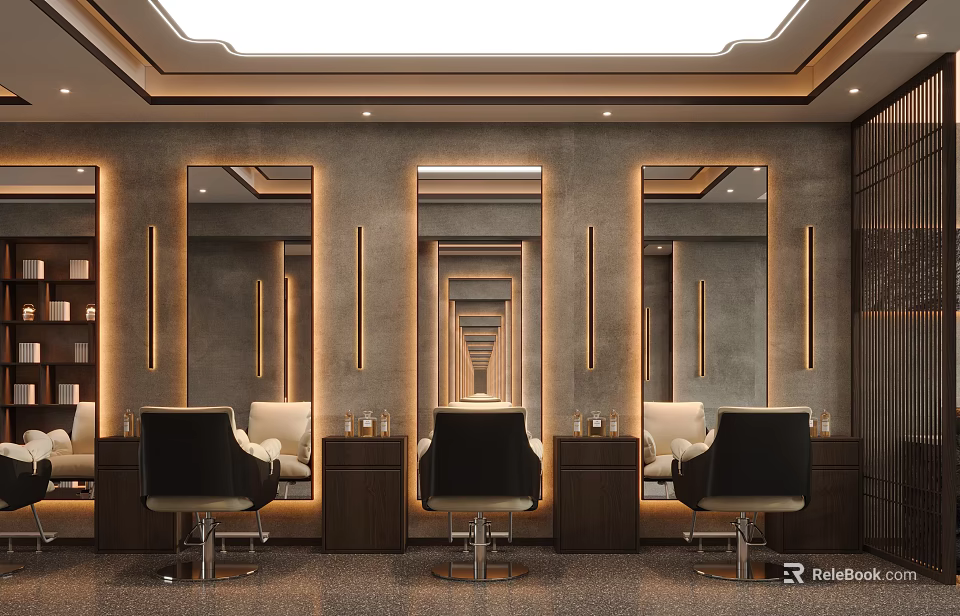 Modern Luxury Beauty Hair Salon Interior Design With Backlit Mirrors And Professional Comfortable Styling Chairs 3d model 