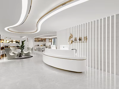 Modern Reception With Curved White Counter Marble Wall And Golden Decorations In Bright Space 3d model