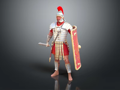 Roman Soldier Character in Historical Armor With Red Plumed Helmet Shield and Sword 3d model