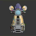 Cartoon Style Yellow Motorcycle With Round Headlight Purple Decorations Vines And Flowers