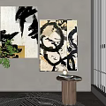 Modern Abstract Painting Wall Art With Black Brush Strokes Circular Patterns And Gold Tones