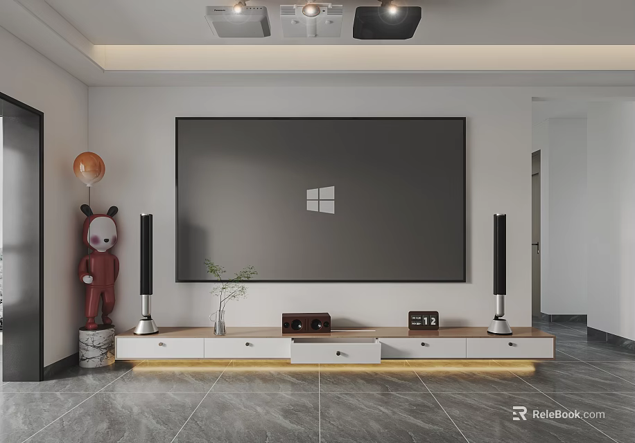 Projection Monitoring Setup With Ceiling Projector Large Screen TV And Speakers In Modern Living Room 3d model 