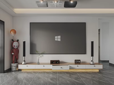 Projection Monitoring Setup With Ceiling Projector Large Screen TV And Speakers In Modern Living Room 3d model