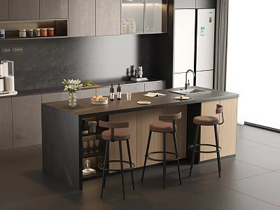 Modern Kitchen Bar Counter With Black Top Three Stools And Wine Bottles 3d model