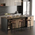 Modern Kitchen Bar Counter With Black Top Three Stools And Wine Bottles