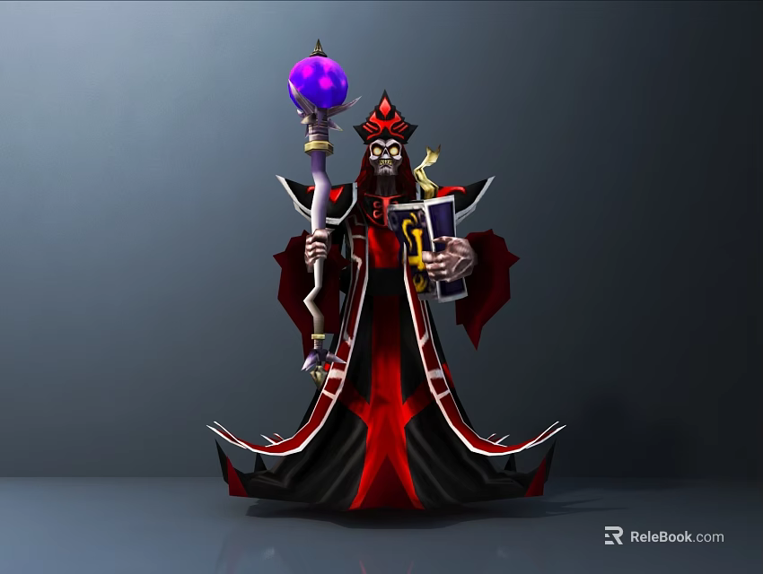 Game and Movie Character in Black Red Robe With Pointed Hat Purple Orb and Scroll 3d model 
