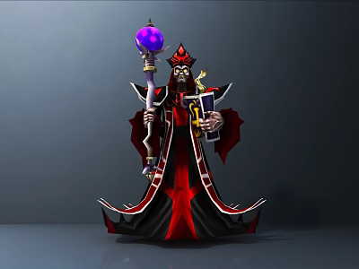 Game and Movie Character in Black Red Robe With Pointed Hat Purple Orb and Scroll 3d model