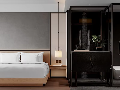 Modern Hotel Room Interior With Comfortable Bed Wooden Nightstand Hanging Lamp And Open Bathroom Area 3d model