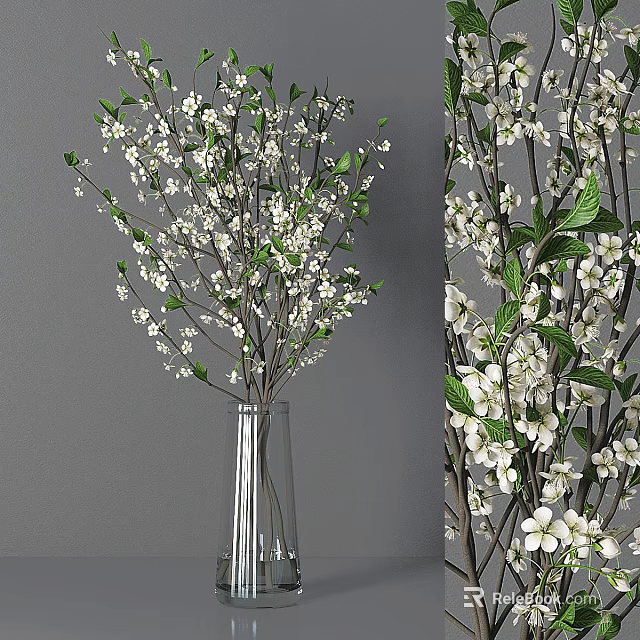 Transparent Glass Vase With White Small Flowers Green Leaves And Branches 3d model 