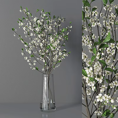 Transparent Glass Vase With White Small Flowers Green Leaves And Branches 3d model