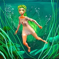 Underwater Game Movie Character with Green Long Hair Flower Crown Light Dress and Seaweed Bubbles