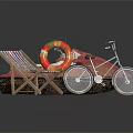 Vibrant Pink Water Boat With Lifebuoy Bicycle And Beach Chair