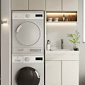Home Balcony Laundry Area With White Cabinets Washing Machine Dryer Sink Blinds And Green Plant