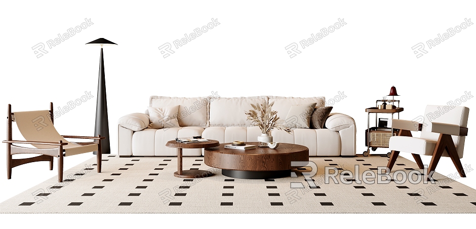 Modern Middle-Ancient Style Sofa Coffee Table Combination Fabric Sofa Three-Person Sofa Single-Person Sofa Casual Chair Side Table Floor Lamp Dried Flower Decoration model