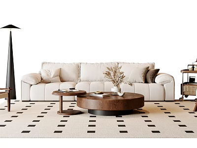 Modern Interior With Beige Sofa Wooden Coffee Table Decorative Pillows Vase And Patterned Rug 3d model