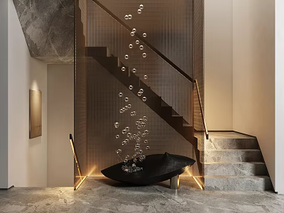 Modern Staircase Interior With Bubble Decorations Gray Marble Steps And Black Seat 3d model