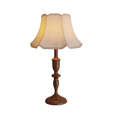 Classic Table Lamp With Cream Fabric Lampshade And Carved Dark Brown Wooden Base 3d model