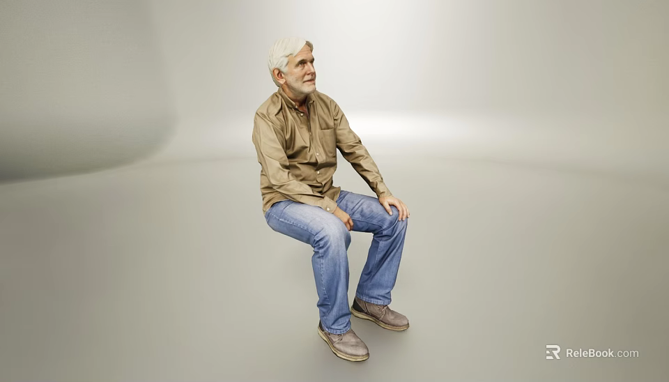 White haired Elderly Man Sitting in Gray Background Wearing Brown Shirt and Blue Jeans Smiling 3d model 