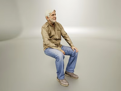 White haired Elderly Man Sitting in Gray Background Wearing Brown Shirt and Blue Jeans Smiling 3d model