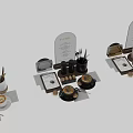 Elegant Tea Set With Golden Cutlery Latte Cups Macarons And Menu Stand On Wooden Tray