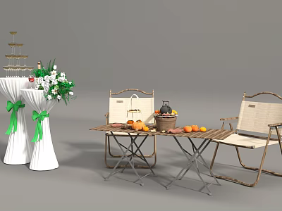 Cozy Tea Break Area With Wooden Table Chairs Fruits And Flower Decorations 3d model