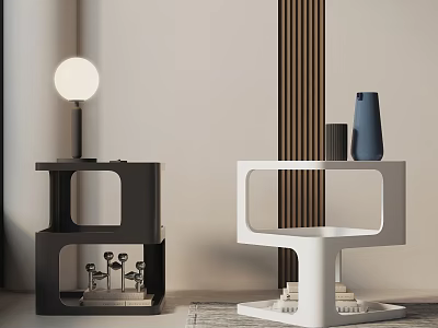 Modern Black and White Bedside Tables With Table Lamp Vase And Decorative Accents 3d model