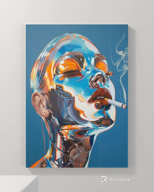 Abstract Portrait Painting With Metallic Blue Hue And Smoking Figure 3d model 