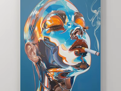 Abstract Portrait Painting With Metallic Blue Hue And Smoking Figure 3d model