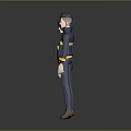 Two Men In Blue Uniforms With Yellow Stripes Standing On Dark Background