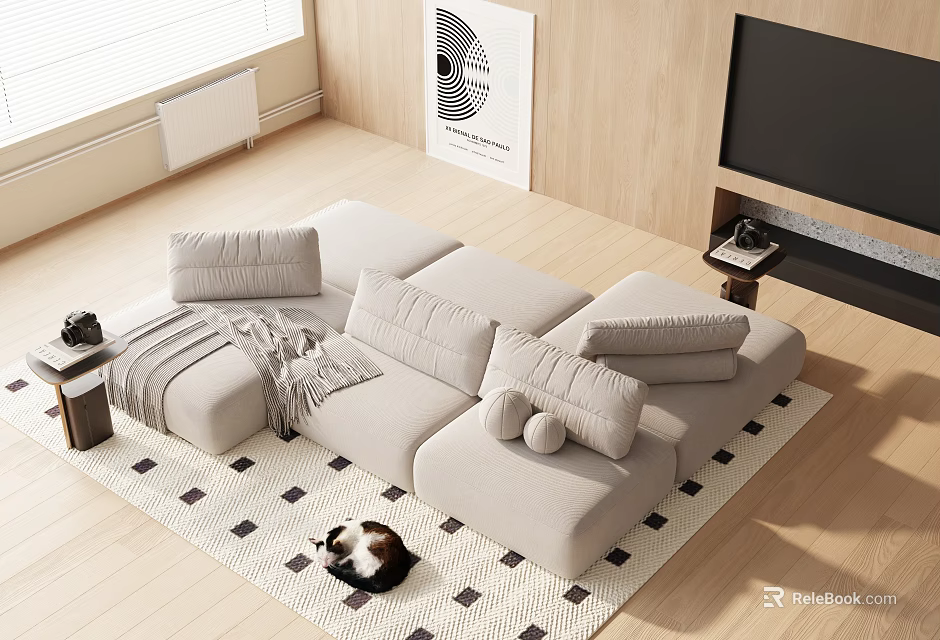 Modern Light Sofa and Coffee Table Set with Cushions Blanket and Living Room Rug 3d model 