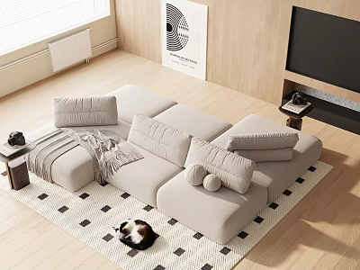 Modern Light Sofa and Coffee Table Set with Cushions Blanket and Living Room Rug 3d model
