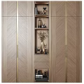 Modern Decorative Cabinet Featuring Wooden Finish Gold Accents And Layered Shelves