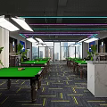 Modern Billiard Room Interior With Wooden Tables Neon Lights Green Plants And Patterned Carpet
